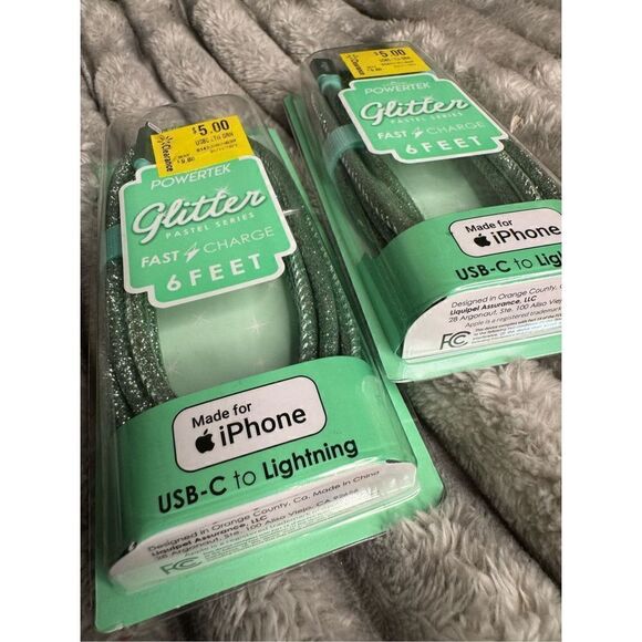 Mint green glitter iphone usb c to lightning fast charge cable x2 nib powertek - Picture 2 of 5